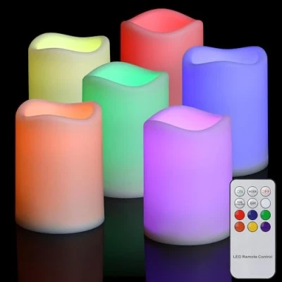 Imagen de FREEPOWER 6 velas LED multicolor con mando a distancia, temporizador, parpadeante, sin llama, funciona pilas, para exteriores, resistente al agua, diámetro 7,5 x 10 cm