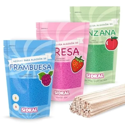 Imagen de SIDRAL Azucar para Máquina Algodón Lote de varios Sabores, Azúcar Ideal Fiestas (Manzana 3 Sabores)