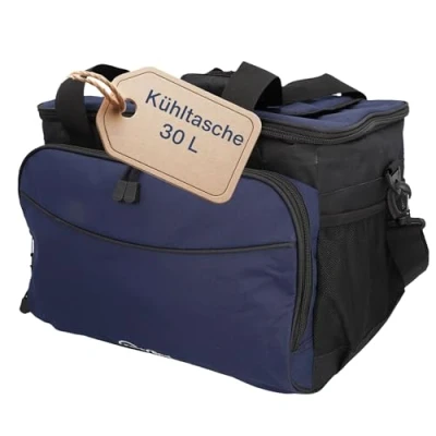 Imagen de Cartrend Bolsa térmica de 30 L con cable conexión coche 12 V 1,50 m largo, correa hombro ajustable, bolsillo frontal grande cremallera y 2 redes laterales, revestimiento interior