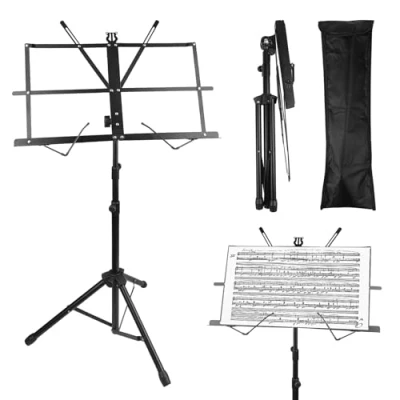 Imagen de Elsrantor 2 en 1 Atril Musica Plegable Estable, Partituras, Soporte para Libros de Escritorio Metal Ajustable Altura 70 140cm con Bolsa Transporte, Niños Y Adultos, Negro