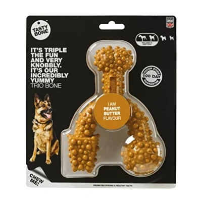 Imagen de Tasty Bone TrioBone Masticable de Nailon para Perros Grandes (Sabor a Mantequilla maní), excepcionalmente Resistente, promueve Dientes y encías saludables, triplica la diversión (Fabricado en el