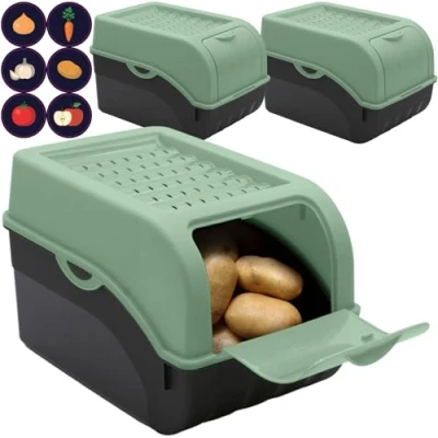 Imagen de ARTECSIS caja de almacenamiento para patatas, color verde salvia, juego 3 unidades, verduras, patatas con tapa aprox. 4 kg + 6 pegatinas verduras