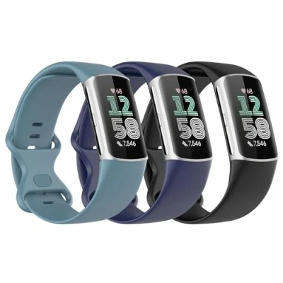 Imagen de Astorgos 3 PZS Correa de Reloj Compatible con Fitbit Charge 6/Fitbit 5 para Mujer Hombre, Pulsera Silicona Suave Repuesto, Negro/Azul Oscuro/Azul