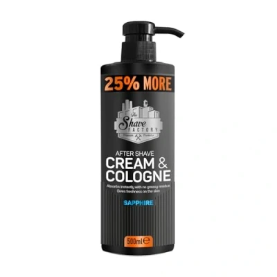Imagen de The Shave Factory Crema para después del afeitado y colonia 2 en 1, 500 ml, 25% más, peluqueros/peluqueros profesionales entusiastas tradicional (zafiro)