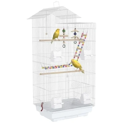 Imagen de PawHut Jaula para Pájaros Pajarera con Múltiples Puertas 4 Comederos 3 Perchas Columpio Escaleras y Bandeja Extraíble Loros Canarios Periquitos 46x36x100 cm Blanco