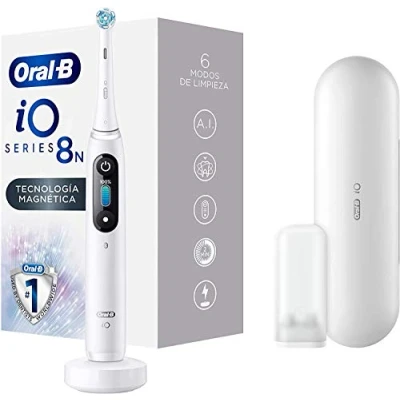 Imagen de Oral B iO 8n Cepillo Eléctrico Recargable Tecnología De Braun, 1 Mango Blanco Con Diseño Alta Gama Y Magnética, Pantalla En Color, Cabezal Recambio, Funda Viaje Premium
