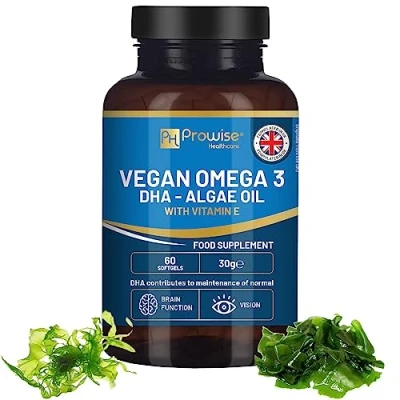 Imagen de Prowise Vegan Omega 3 DHA de aceite algas 60 cápsulas blandas con vitamina E 400 mg + 10 100% a base plantas Fuente pura y sostenible