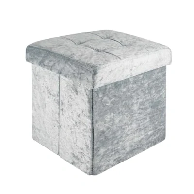 Imagen de Intirilife Asiento taburete plegable 30x30x30 cm en terciopelo azul gris cubo con tapa y espacio de almacenamiento tela huecos reposapiés caja