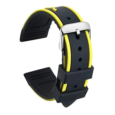 Imagen de ULLCHRO Correa Reloj Recambios Relojes Caucho Bicolor Hombre Mujer 20, 22, 24mm Silicona con Hebilla de Acero Inoxidable Cepillado (22mm, Negro y Amarillo)