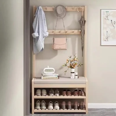 Imagen de angroups Perchero Entrada Recibidor,Perchero de Pie Madera con Zapatero,Perchero Banco y 12 Ganchos Desmontables,Mueble Recibidores Entrada, para Pasillo Sala Esta