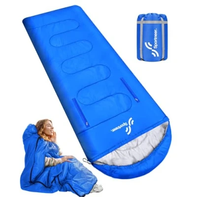 Imagen de Sportneer Saco de Dormir portátil Adecuado para Las 4 Estaciones con Orificios Cremallera Brazos y pies Individual Adultos Senderismo Viajes, 20 Grados, Azul