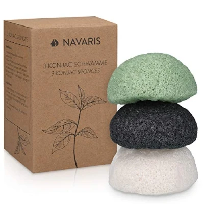 Imagen de Navaris Set de 3x esponja limpieza facial Konjac Esponjas exfoliantes para todo tipo piel 100% natural vegana biodegradable y reutilizable