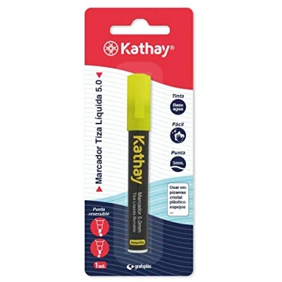 Imagen de Kathay 86212660. Marcador Tiza Líquida, Borrable, Amarillo, Punta 5mm, Tinta Base Agua, Reversible, Perfecto para Pizarras, Cristal, Plásticos o Espejos