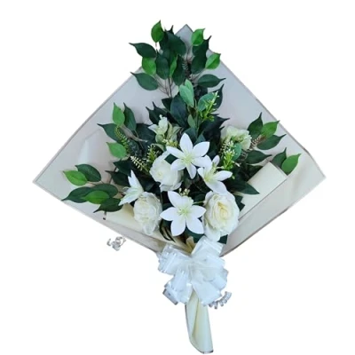 Imagen de DRW Ramo de Flores para Cementerio Artificiales Meter en el Bote Jarron o sobre Sepultura 73x63x20 cm (Lirios y Rosas Blancas)