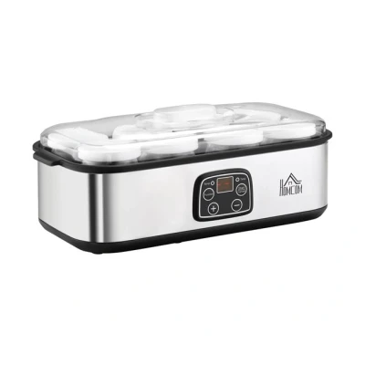 Imagen de HOMCOM Yogurtera 30W Capacidad 1,44L con 8 Tarros de Cristal 180 ml Termostato Ajustable Temporizador 1 48 Horas y Apagado Automático 36x18,8x14 cm Plata