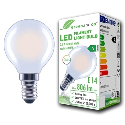 Imagen de greenandco bombilla de filamento LED esmerilado E14 G45 3,8W 806lm sustituye A 60W 2700K blanco cálido 320 230V sin parpadeo clase energética no regulable