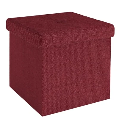 Imagen de INTIRILIFE Taburete Pleglable 38x38x38 cm en Rojo Granate Asiento almacenaje con Tapa de Tela Forma Cubo Reposapiés Caja Almacenamiento Cofre