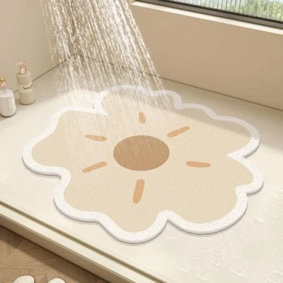 Imagen de Alfombrilla de ducha redonda con diseño flores para interior, alfombra baño lufa PVC, tapete antideslizante, antimoho drenaje, secado rápido (beige, 50 x