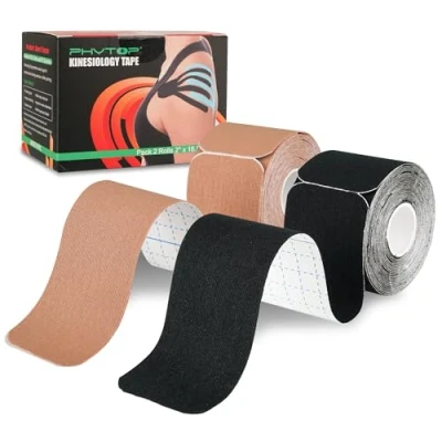 Imagen de PHYTOP Cinta Kinesiológica (40 Tiras, 25 Cm X 5 Cm) Kinesiotape Sin Látex Para Deportes Vendaje Neuromuscular Ideal Soporte De Rodilla, Hombro y Codo (Negro Beige)