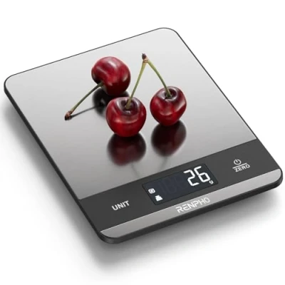 Imagen de RENPHO Balanza de Alimentos 11lb, Digital Cocina con 7 Unidades, para Hornear, Acero Inoxidable Cocinar, Peso en Gramos y Onzas, Pila Incluida