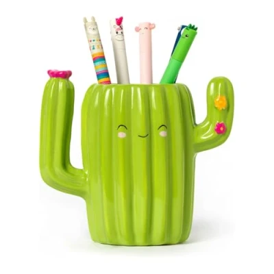 Imagen de LEGAMI Desk Friends Portalápices de cerámica, 12,5 x 7,5 cm, diseño cactus, para escritorio, pintado a mano