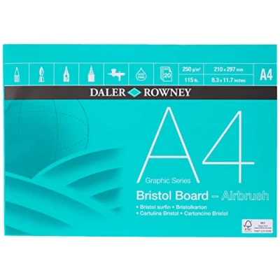 Imagen de Daler Rowney Graphic Series Bloc de cartón Bristol Superficie Lisa, 250 g/m², A4, 1 Cara, sin ácidos, 20 Hojas Blancas, Ideal para Artistas Profesionales y Estudiantes