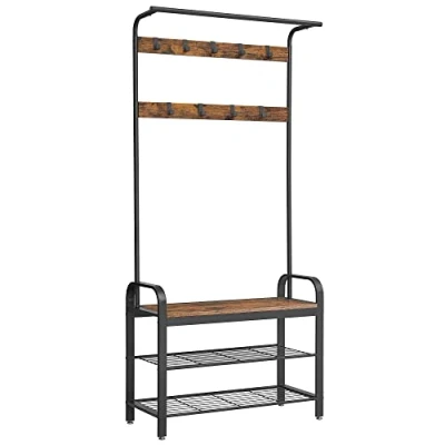 Imagen de VASAGLE Perchero Zapatero, con Banco Recibidor, 4 en 1, 9 Ganchos Extraíbles, Barra Superior, para Entrada Pasillo, 33,7 x 84 183 cm, Industrial, Marrón Rústico y Negro HSR400B01