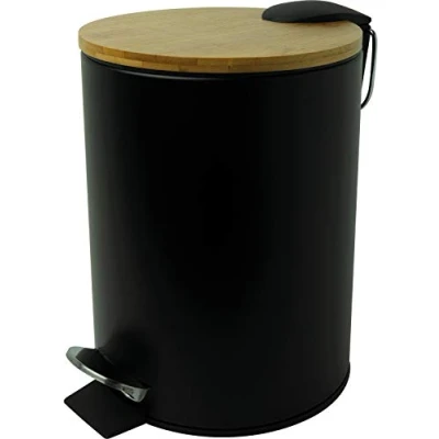 Imagen de helit H2404495 cubo de pedal el bambú, 3 litros, con tapa metal, cierre silencioso, negro, 1 unidad