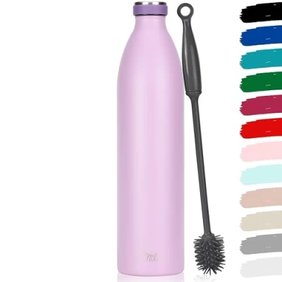 Imagen de Milu botella de acero inoxidable 350ml 500ml 750 ml 1 L 1,5 agua aislada, termo a prueba fugas, doble pared, apta para ácido carbónico + cepillo limpieza (Lilac, 1,5L)