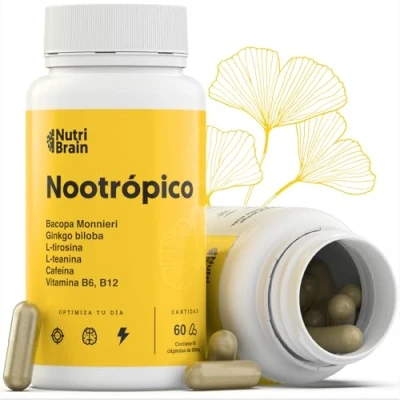 Imagen de Nootrópico Concentrado Energía, Memoria y Concentración Cafeína, L Tirosina, Bacopa, Ginkgo, Teanina, B6, B12 Fórmula Doble Efecto: Inmediato Prolongado 7 ingredientes