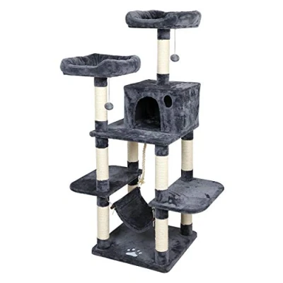 Imagen de Meerveil Árbol para Gatos, Rascador con Nidos,Hamaca, Plataforma, Bolas de Juego y Juguete Sisal Natural Gris