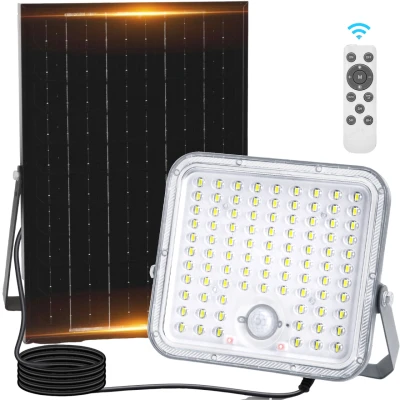 Imagen de Aigostar Foco LED solar exterior con gran panel solar，Súper Luminoso，8000mAH，Batería capacidad，mando a distancia，detección de movimiento，Luz Impermeable IP66 para jardín，caminos，6500K