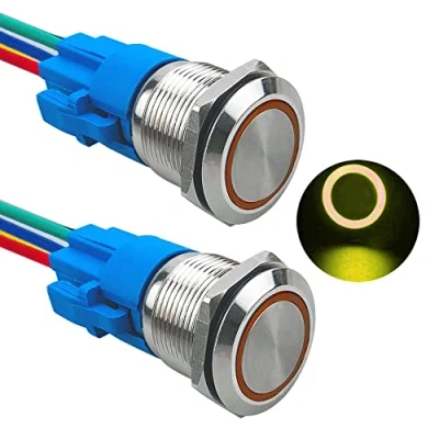 Imagen de Aiqeer 2 Piezas 19 mm Interruptores de Botón Momentáneo, 12V / 24V 5A Interruptor LED Amarillo, Pulsador Metálico Impermeable, con Enchufe Precableado