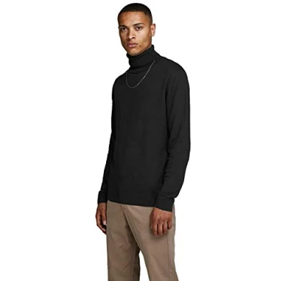Imagen de JACK &amp; JONES Hombres Jersey Fino de Cuello Alto clásico Suéter Redondo Manga Larga básico JJEEMIL., Color:Negro, Talla Sudadera:XL