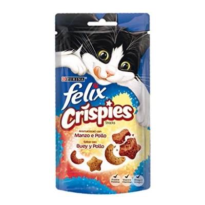 Imagen de Felix Purina Crispies, Snack, premio para Gato con Buey y Pollo, 8 bolsas de 45g