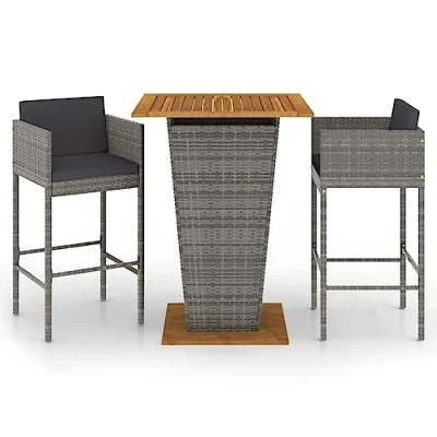Imagen de vidaXL Juego de Bar jardín 3 Piezas con Cojines ratán PE Gris, Mesa Alta y taburetes Exterior, Bar, Muebles