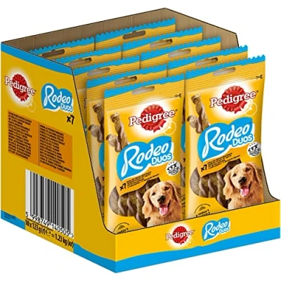 Imagen de Pedigree Rodeo duos recompensas para Perros 70 torsades masticables (10 Bolsas de 123 g) golosinas Pollo y Sabor Tocino Recompensa Ideal educar o Hacer Placer a su Perro