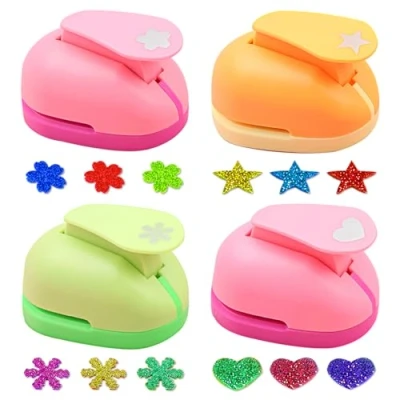 Imagen de PIWOSGOL Juego de 4 troqueles papel, perforadores perforadora con diseño estrella, corazón, flores cerezo, copo nieve, troquelador para niños, álbumes