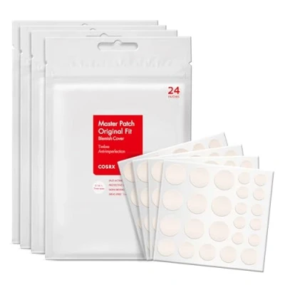Imagen de COSRX Master patch ajuste original, Parches absorbentes para granos, Tratamiento hidrocoloide Cubremanchas, 3 Tamaños Blanco 96 unidades (paquete de 4)