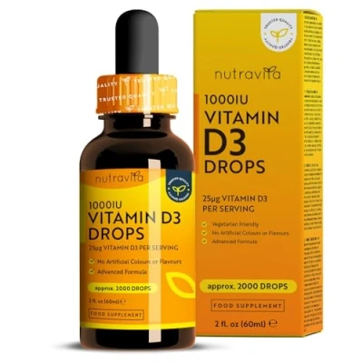 Imagen de Vitamina D3 Gotas 1000UI Dosis Alta de Colecalciferol Vegetariano Liquida D 60 ml con 2.000 a 1.000 UI por Gota Suministro Más 1 Año Sin Aditivos Fabricado Nutravita