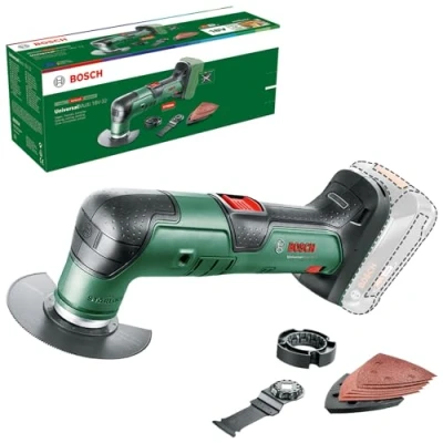 Imagen de Bosch multiherramienta con batería UniversalMulti 18V 32 (para serrar, cortar, lijar; 1 hoja de sierra; cuchilla corte; placa lijadora; 6 hojas lija; tope profundidad; sin batería)