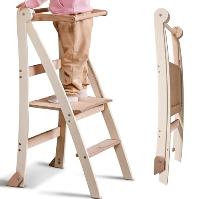 Imagen de Orre de Aprendizaje Madera Montessori ahorradora Espacio: Torre Plegable, Taburete para niños, Escalera Plegable con protección contra vuelcos