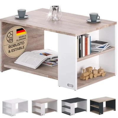 Imagen de CASARIA® Mesa de Centro 90x60x50cm Estante y 2 Compartimientos Carga hasta 50kg Mesita Salón Auxiliar