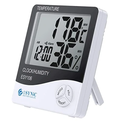 Imagen de termómetro digital de higrómetro, 1 pieza eSynic para interiores con gran pantalla LCD transparente, control temperatura y tiempo perfecto dormitorio, oficina, etc