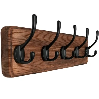 Imagen de SKOLOO Perchero rústico montado en la pared, 40,6 cm de agujero a agujero, gancho madera maciza pino, 5 ganchos para colgar ropa, batas, toallas, abrigos