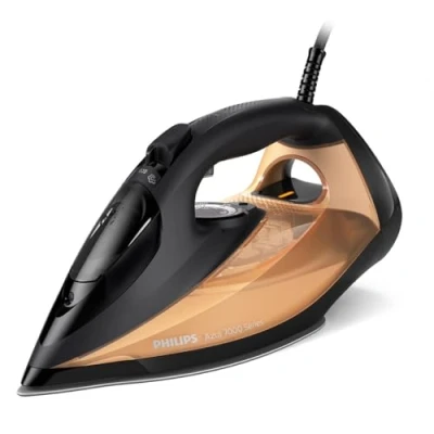 Imagen de Philips Azur 7000 Series Plancha de Vapor 2800W, 50g/min Continuo, 250g golpe vapor, Vertical, Suela SteamGlide Elite, Negro/Dorado (DST7040/80)