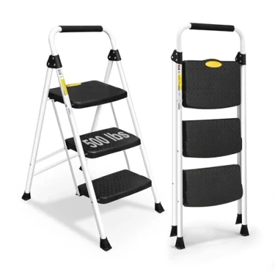 Imagen de HBTower Escalera Plegable 3 Peldaños Taburete Cocina con Pedal Ancho Antideslizante, Agarre Conveniente, Portátil de Acero Ligero, para Cocinas
