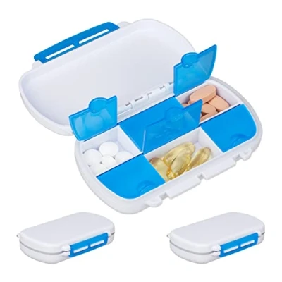 Imagen de Relaxdays Set 3 Pastilleros, 6 Tomas con Tapa, Impermeables, Plástico sin BPA, Cajas Pastillas Pequeñas, Blanco y Azul, 2,5 x 12 7,5 cm