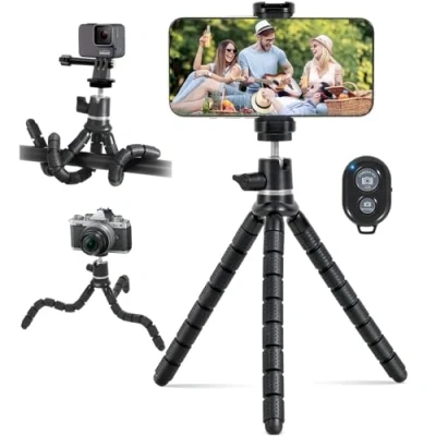 Imagen de trípode para teléfono móvil, mini smartphone y cámara, soporte móvil con mando a distancia inalámbrico adaptador Go Pro, cámara (plata)