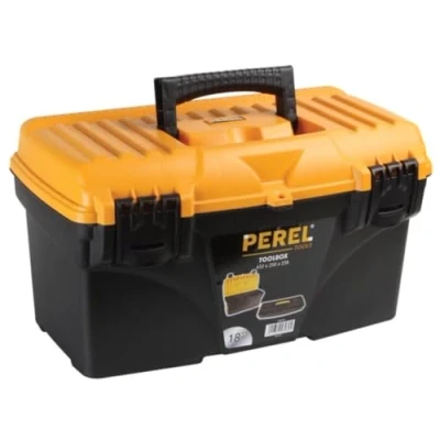 Imagen de Perel Caja de herramientas, polipropileno, con bandeja herramientas extraíble, manija plegable y cierre plástico, negro/amarillo, 432 x 250 238 mm